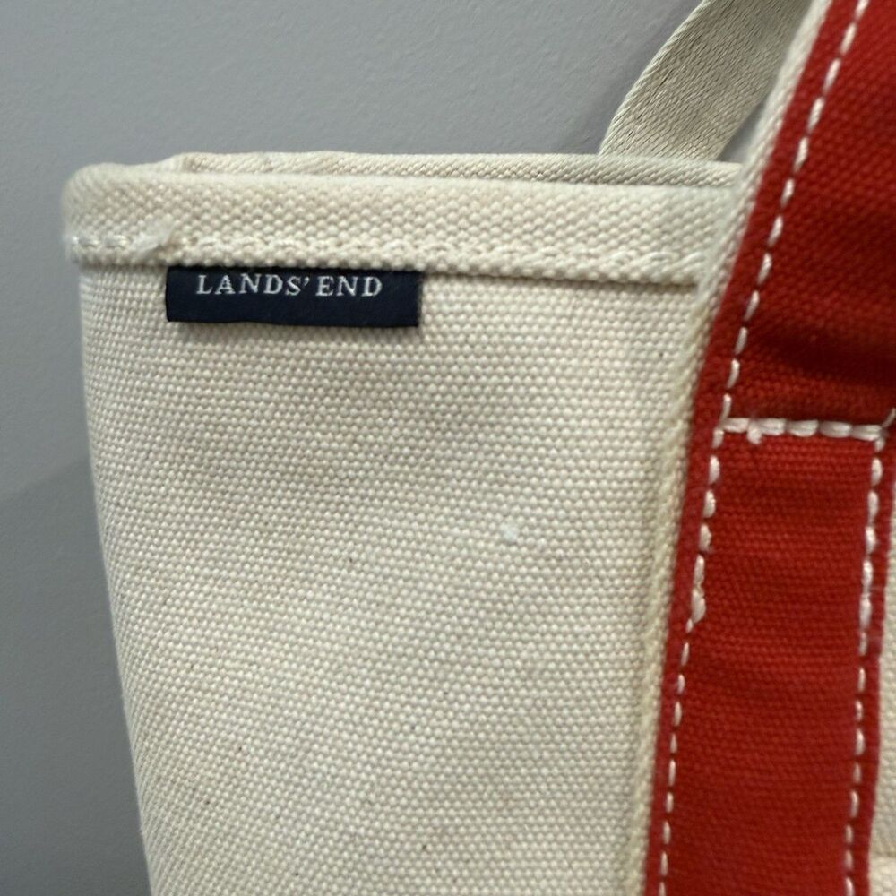 Lands End Open Top Canvas Tote Bag M Shoulder Red Natural Cotton Preppy Sturdy - Picture 2 of 16